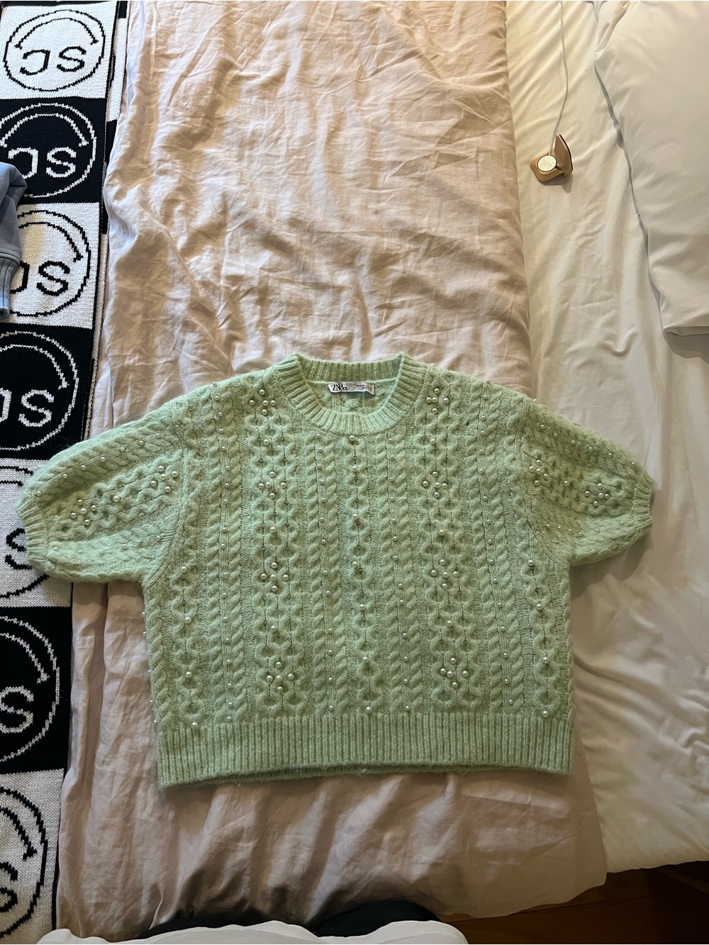 Zara Mint Green Beaded Cable-Knit Short-Sleeve Sweater
